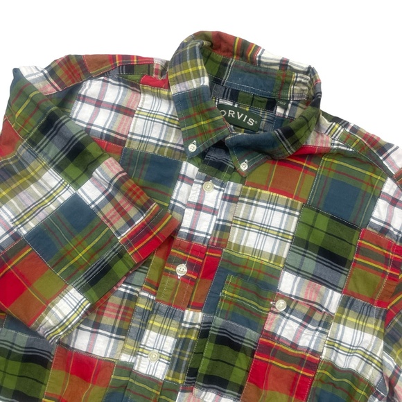 Orvis Large Madras Plaid Short Sleeve‎ 100% Cotton Mens Shirt Green Red - Picture 2 of 6